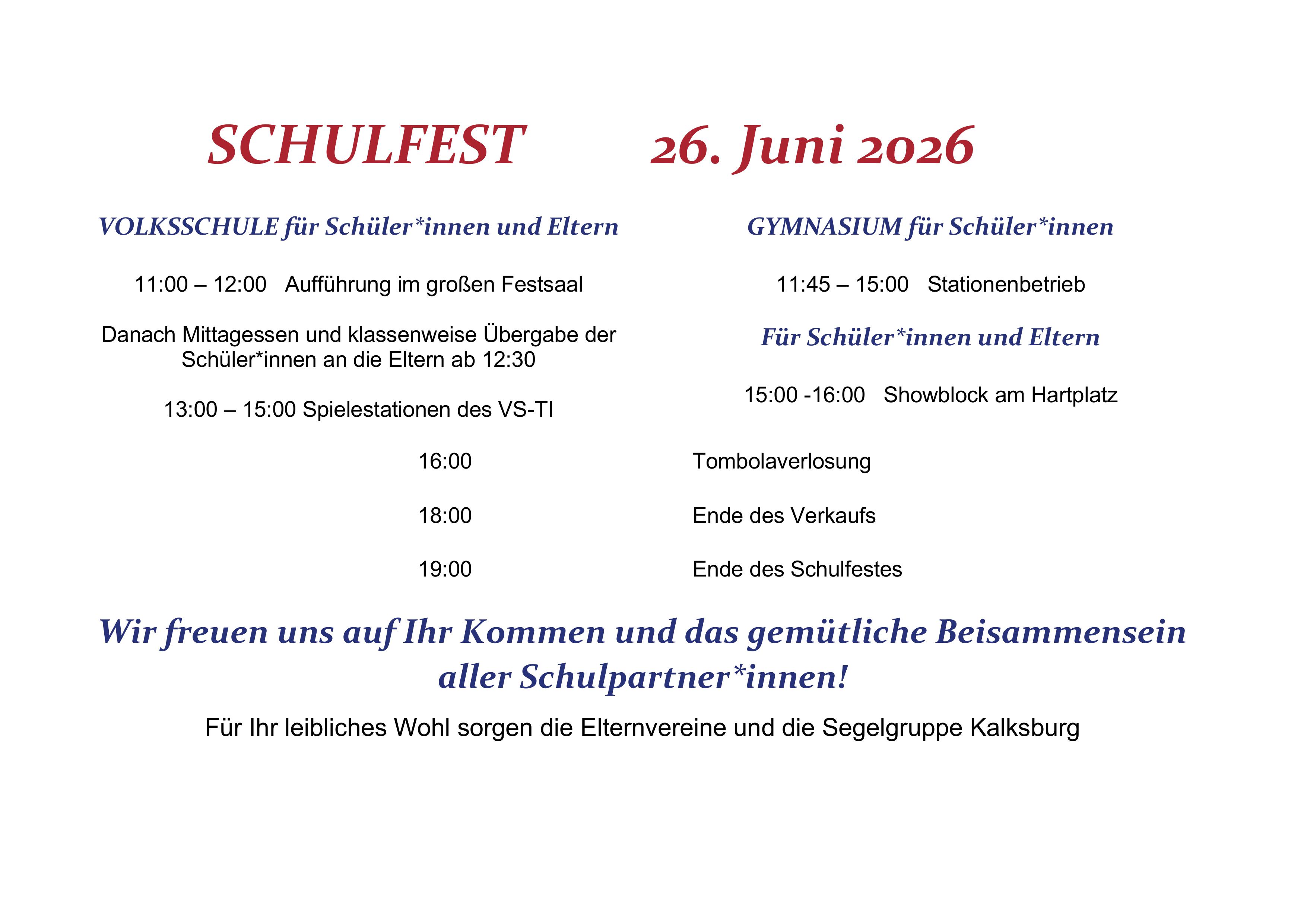 Programm Schulfest 2026