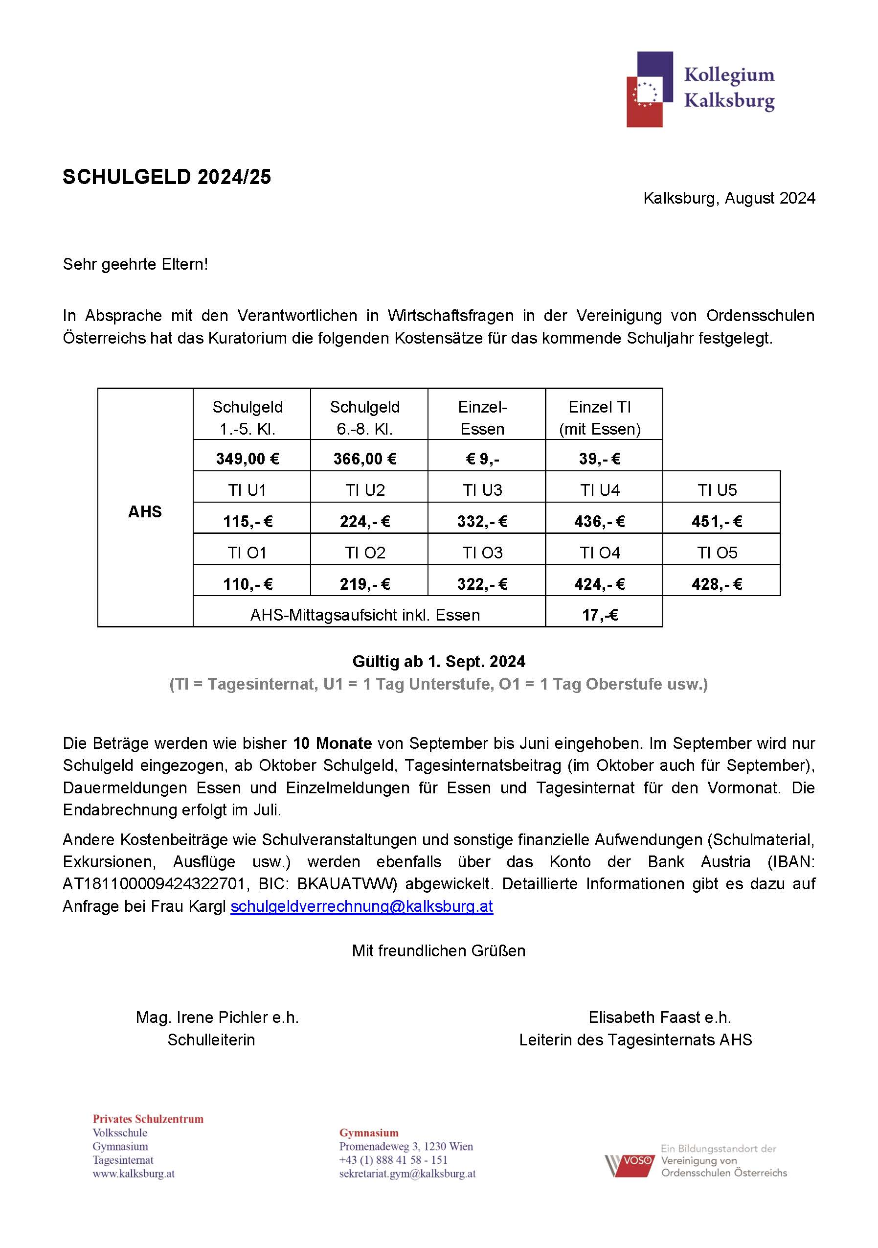 Schulgeld 2024 25